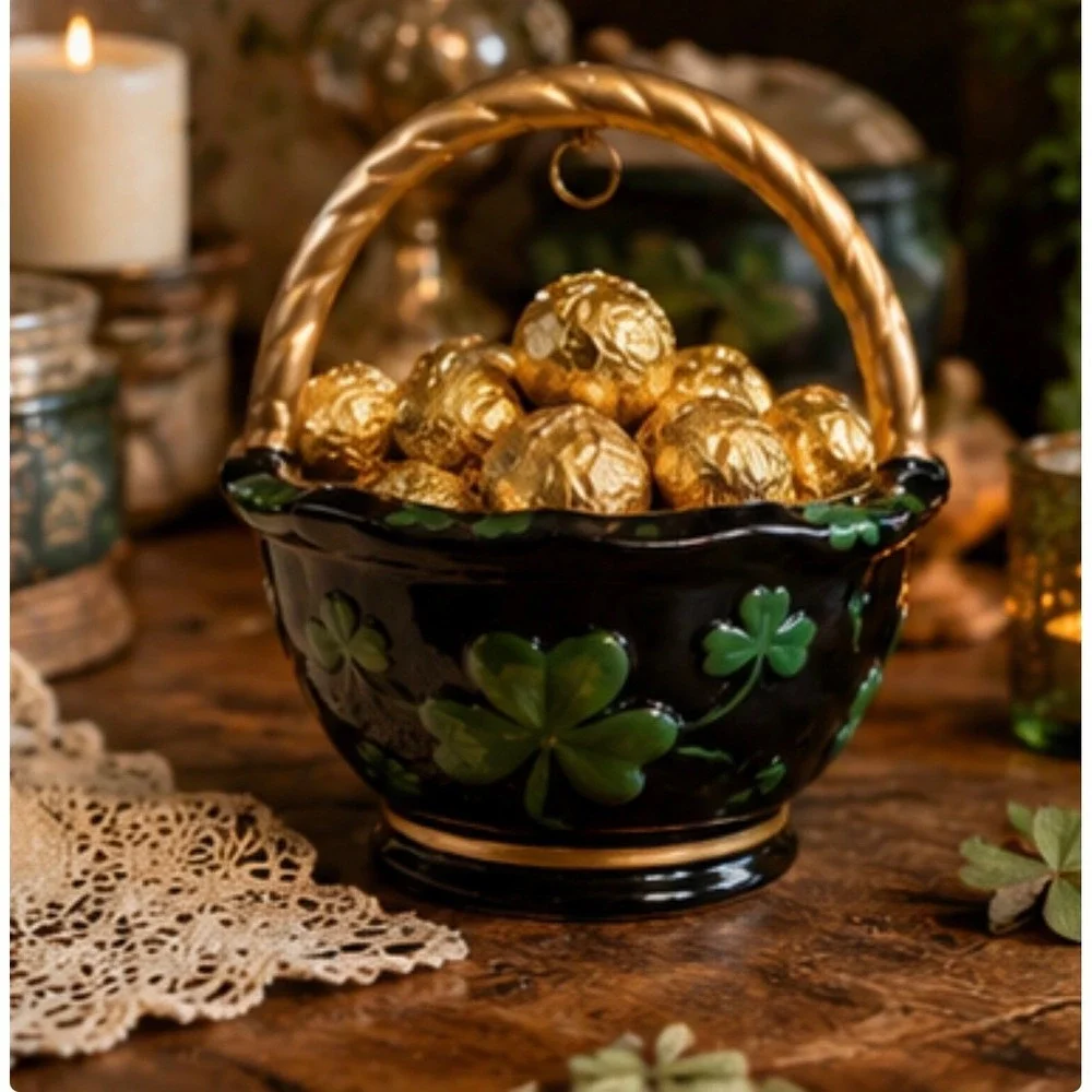 Vintage‎ Shamrock Basket Bowl Gold Twisted Handle Irish Cottage Decor